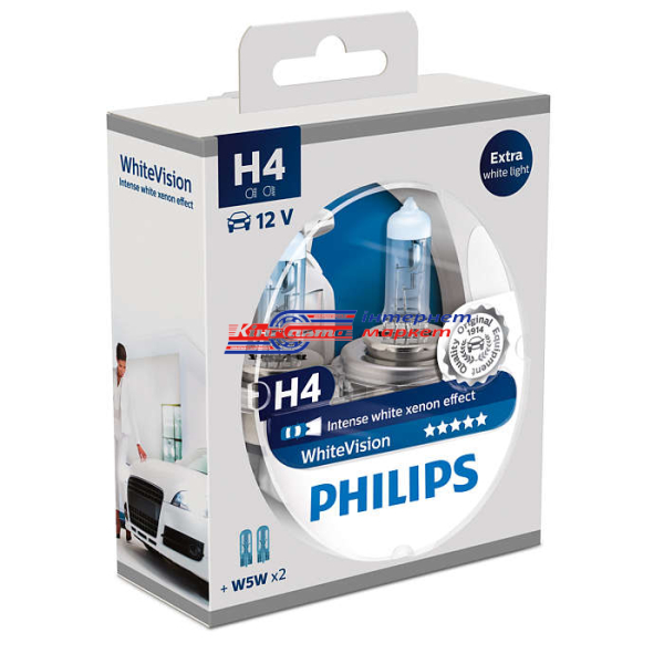Автолампа Philips H4+W5W WhiteVision 12V 60/55W 3700K 12342WHVSM (2 шт.)