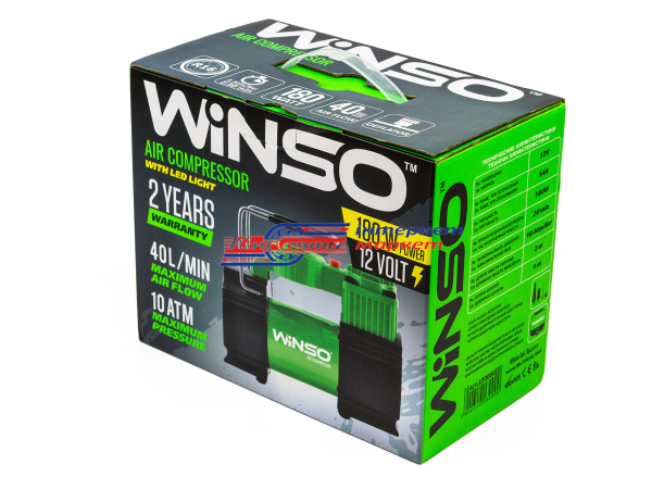 Компресор автомобільний WINSO 10 Атм, 40 л/хв. 180Вт., кабель 1м., шланг 3м., LED-ліхтар, спускний клапан