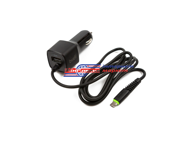 Автомобільний зарядний пристрій BUDI Car charger Blue Led MicroUsb 1.2 m + 1USB 2.4A Black